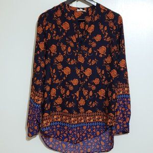 Pleione Boho Navy & Orange Long Sleeve Top